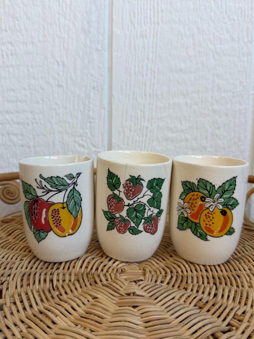 Vintage Ceramic Fruit Cups Set of 3 Strawberry Orange Apple Cottage Kitchen